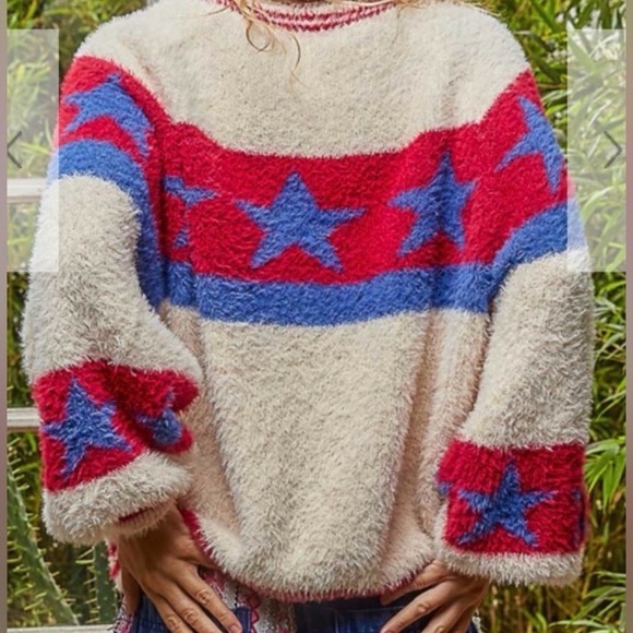 NWT POL oversized patriotic star soft pullover sweater. Cream/red/blue size S - Picture 6 of 6